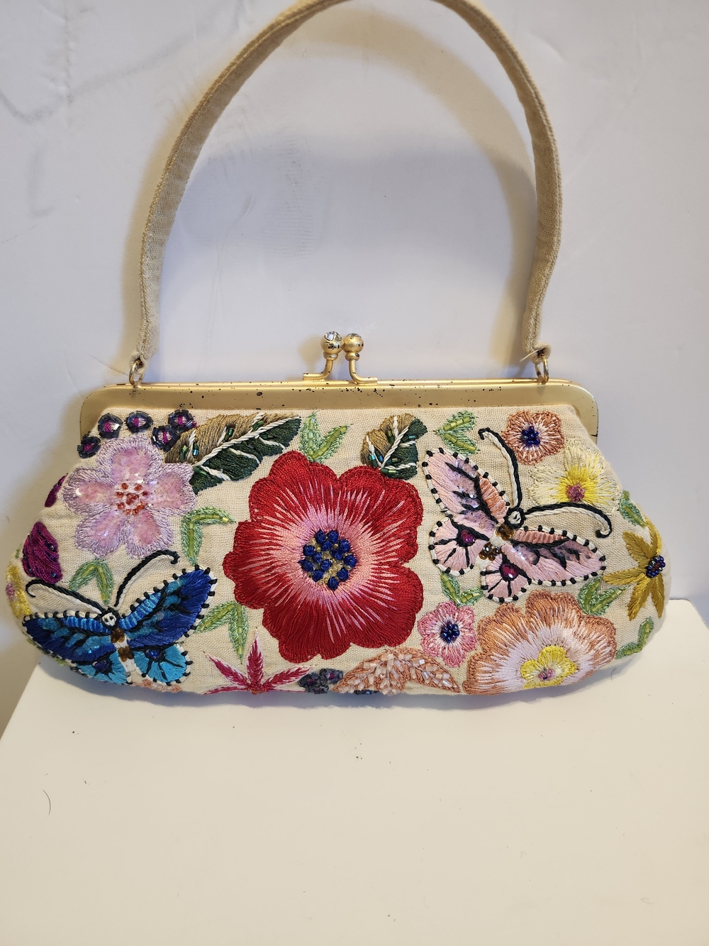 NEW SANTI Embroidered Floral & Butterfly Natural Linen Canvas Evening Bag $165 - Picture 4 of 9